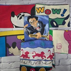 VTG Lot Of 6 Disney Pillow Cases Fitted Mickey Goofy Barney 1992 Harry Lion King